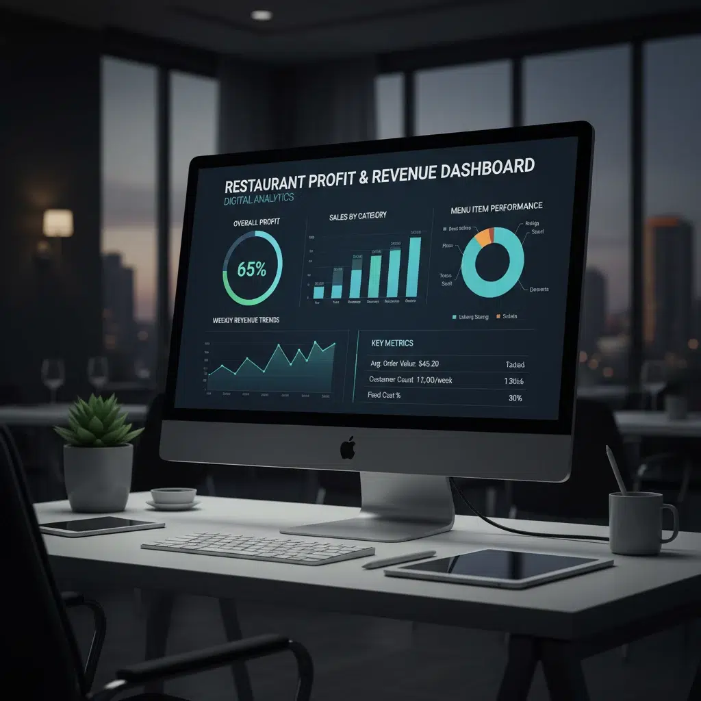 Restaurant profit margin analytics on digital dashboard