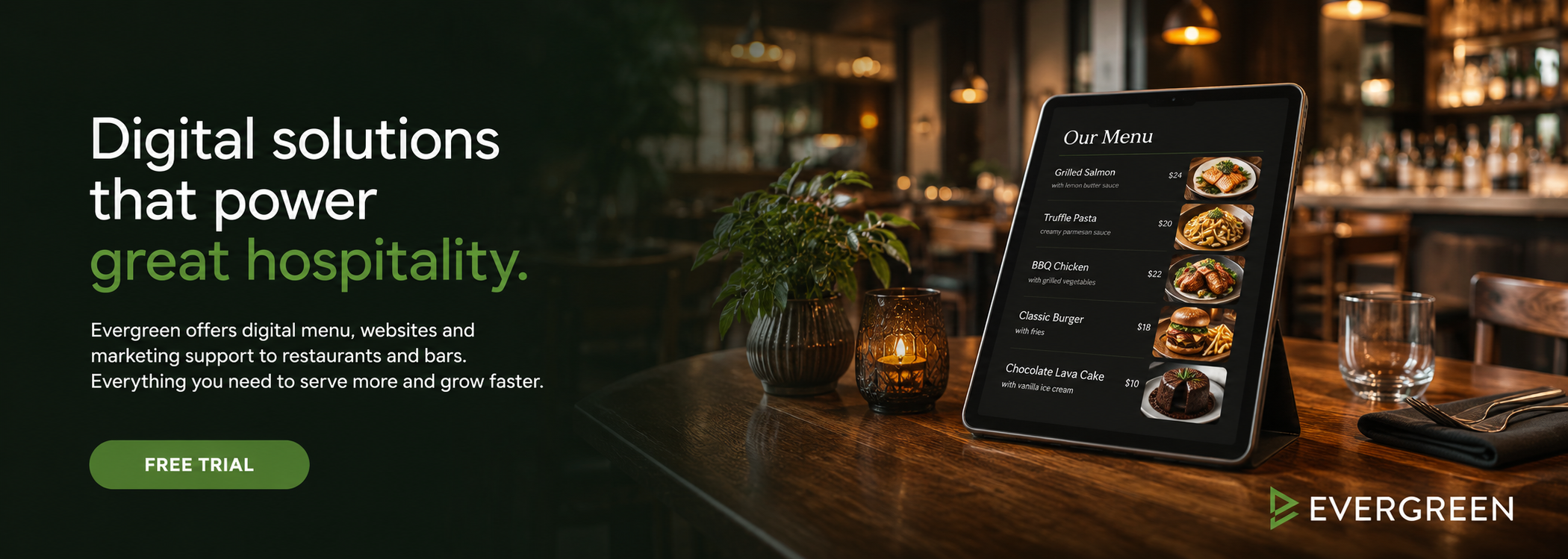 Restaurant manager in front of digital menu boards — Evergreen restaurant website design services