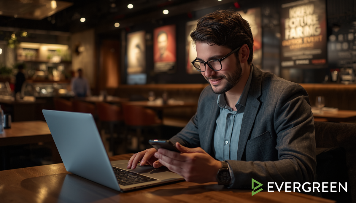 small business owner inside a stylish restaurant using a laptop and smartphone to promote an event on social media