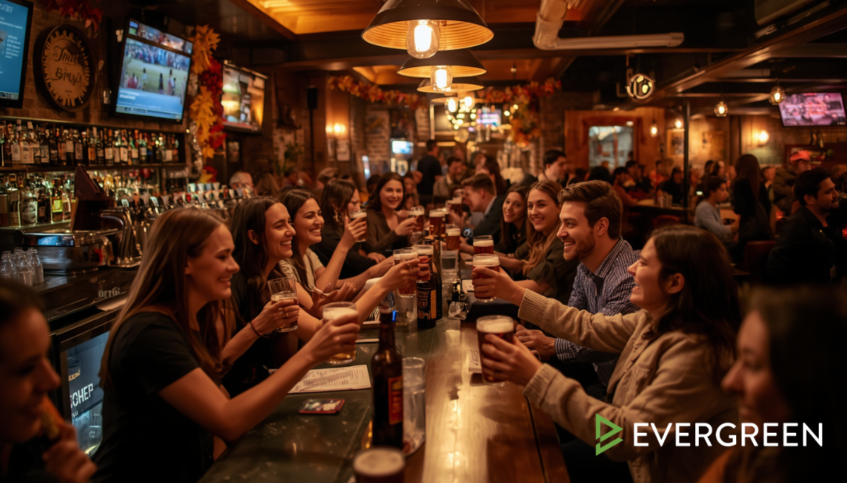 lively American bar on Thanksgiving Eve filled with young adult American friends and families socializing together