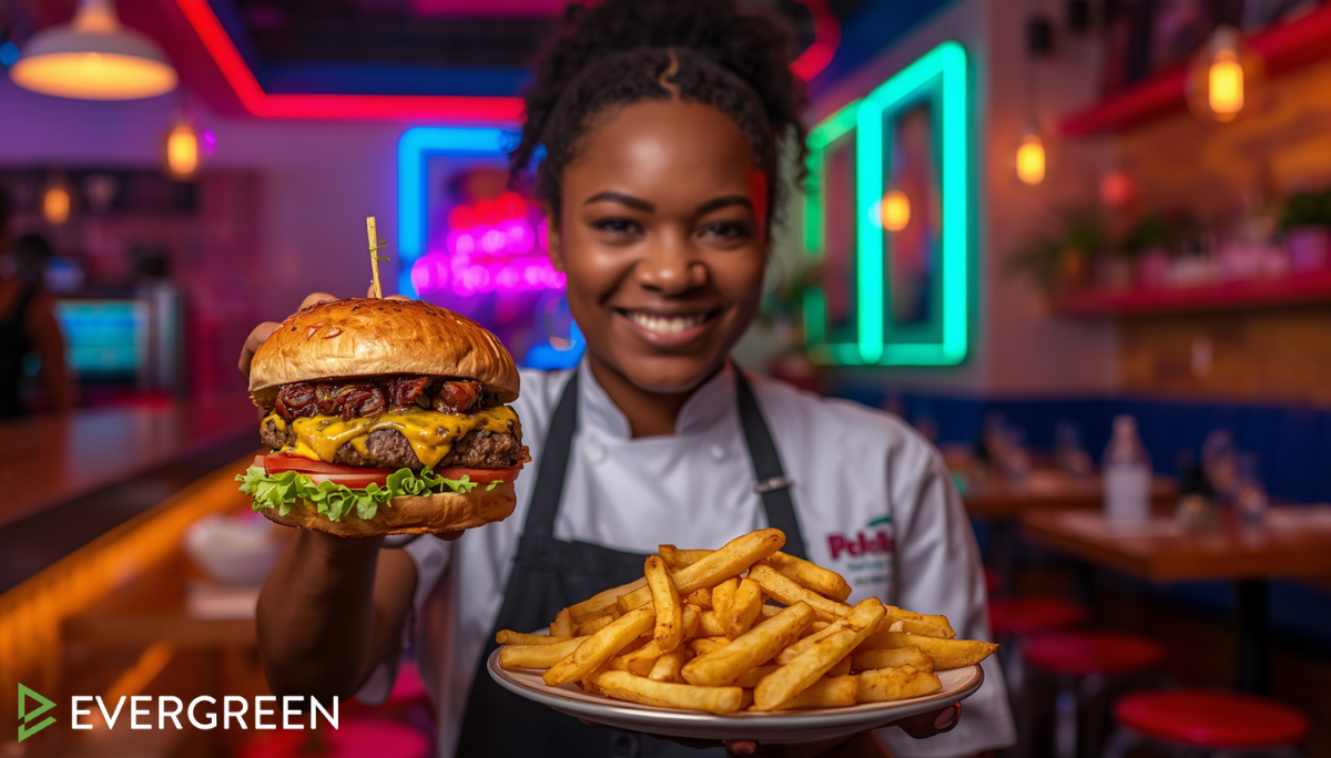 chef presenting a gourmet plant-based burger and fries