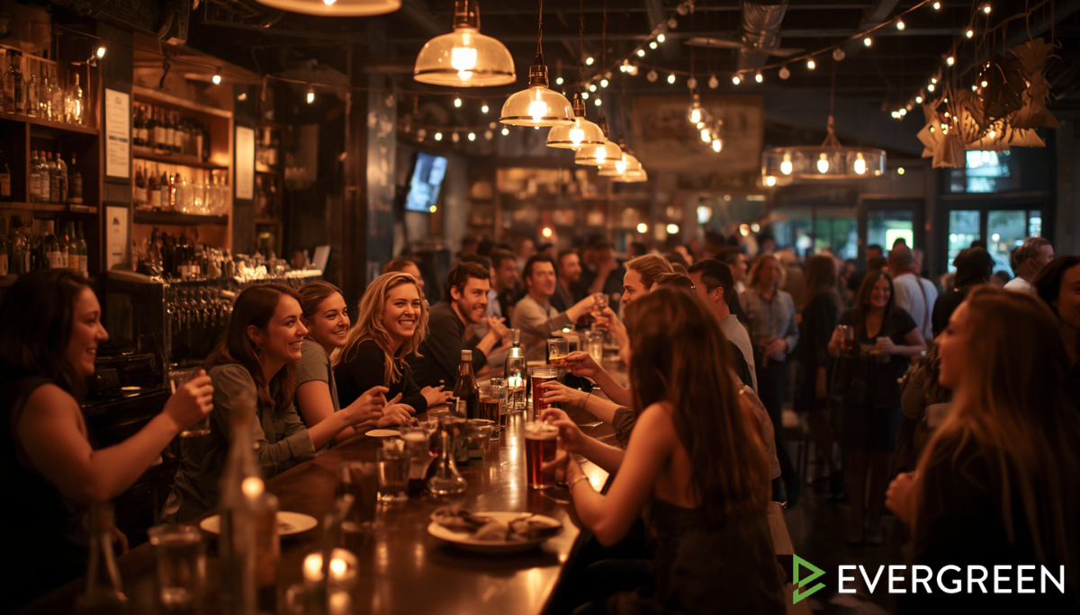 craft beer bar during a successful event night with groups of friends socializing, laughing, and enjoying drinks