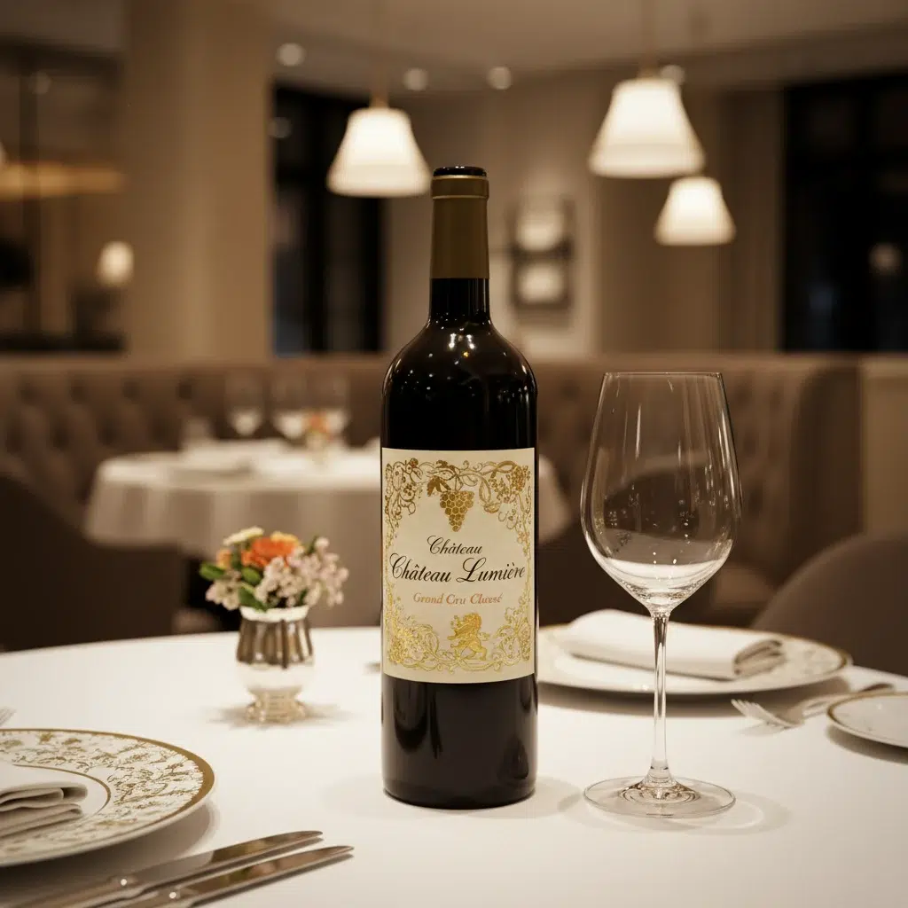 Wine bottle and glass at restaurant table for menu design inspiration