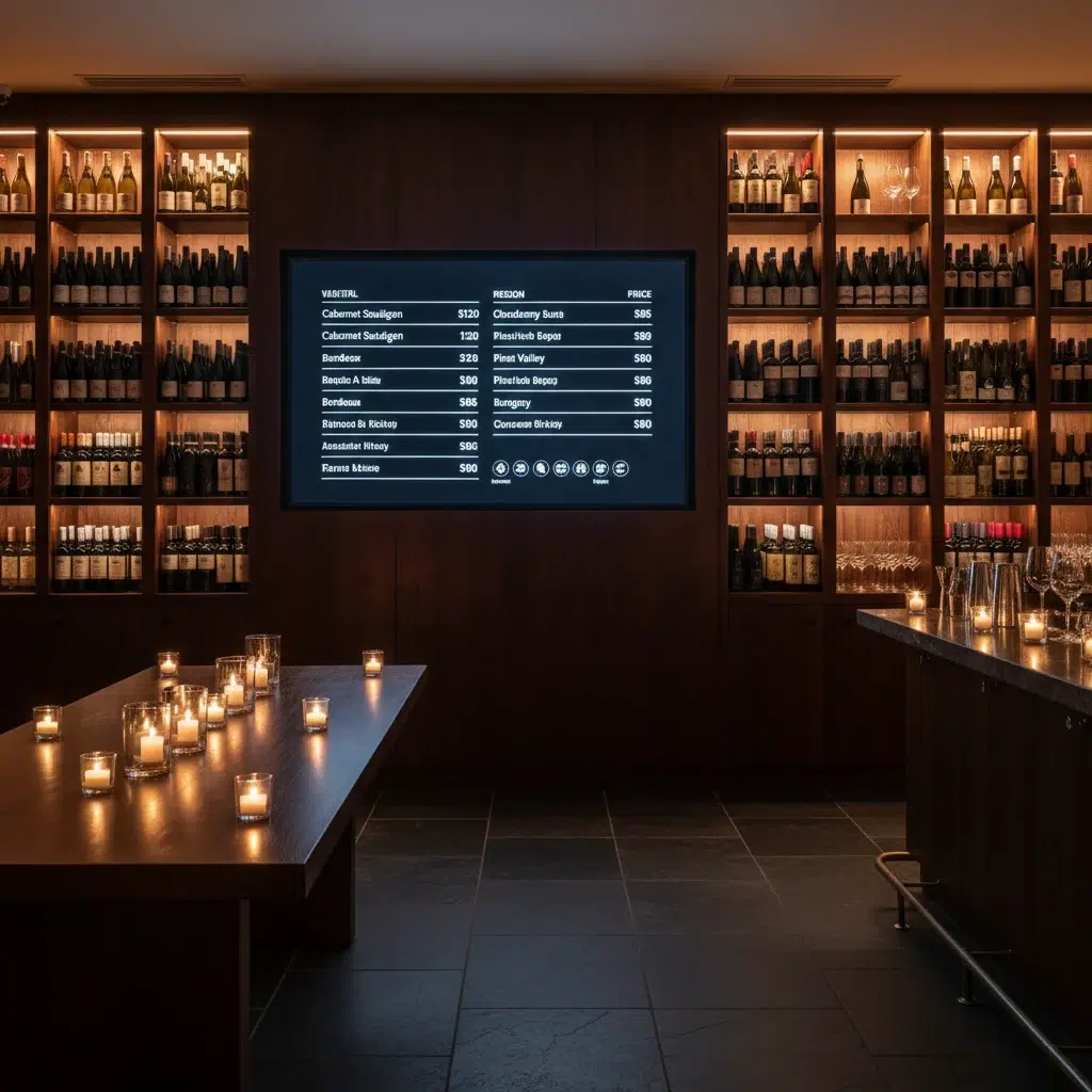 Wine menu design on digital display screen at wine bar