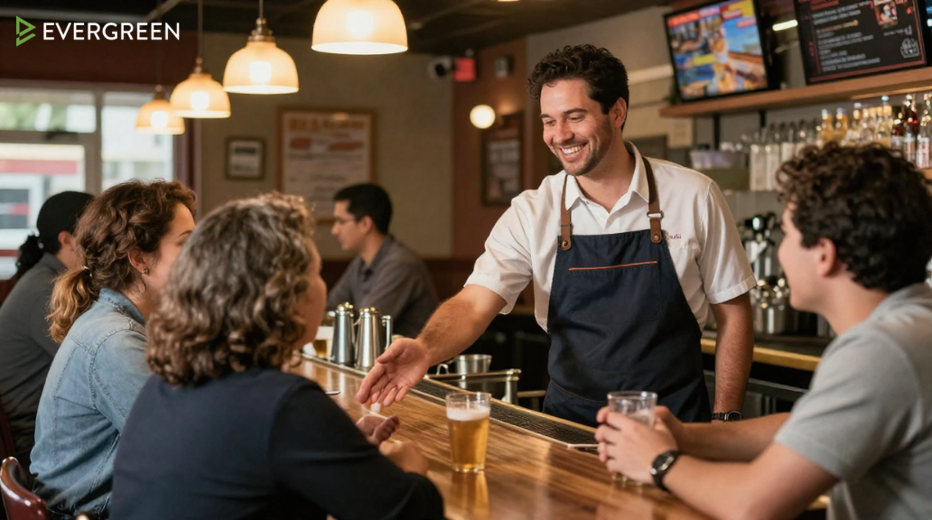 bar restaurant owner greeting returning customers at a busy local bar restaurant