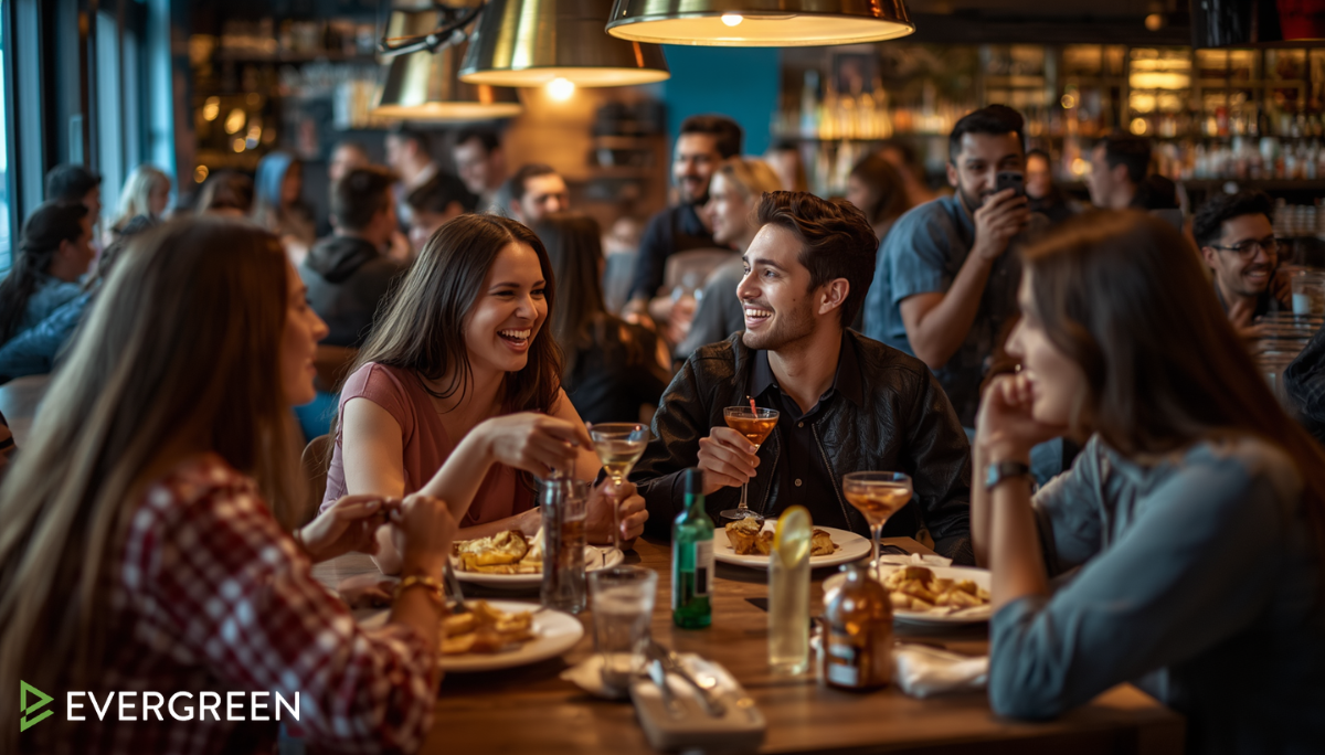 American restaurant and bar filled with young adult customers, vibrant social atmosphere,