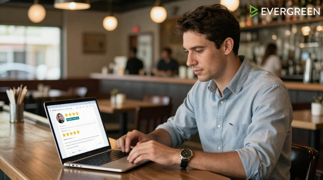 restaurant owner reviewing customer feedback and online ratings on a laptop
