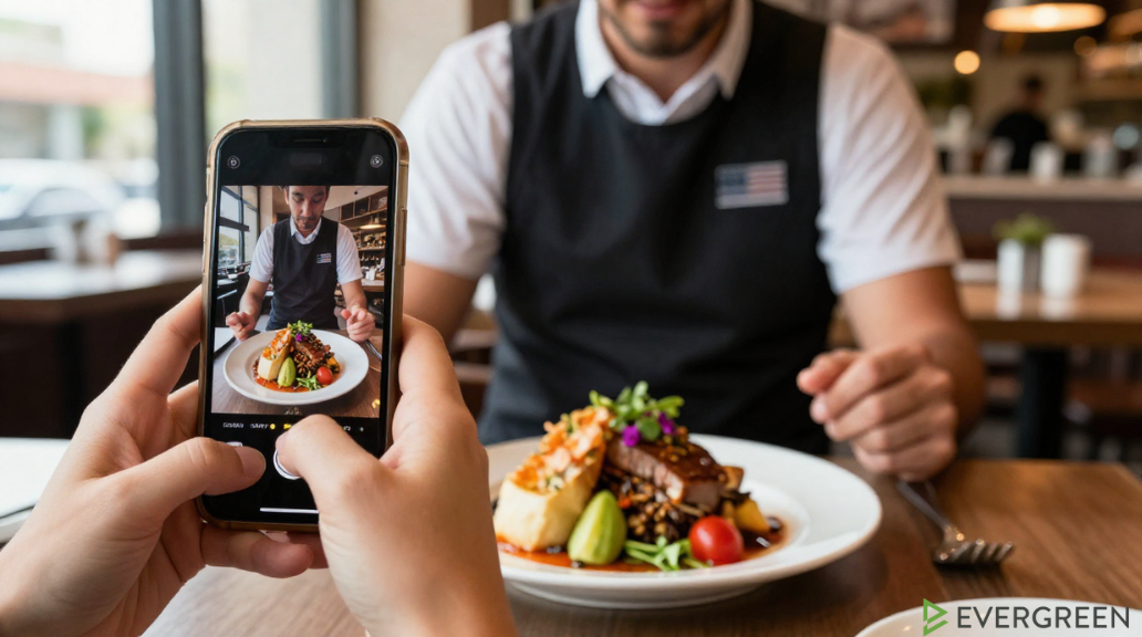 Restaurant employee creating Instagram content by photographing a gourmet dish in a modern restaurant