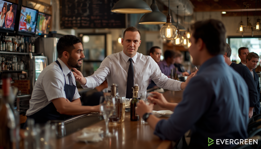 manager stepping in between a bartender and an agitated customer