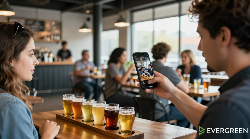 customer photographing a craft beer flight with a smartphone inside a trendy brewery