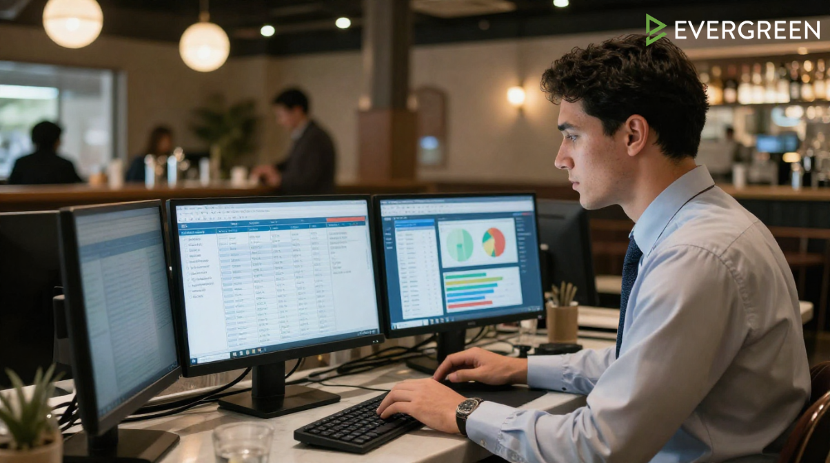 bar restaurant manager analyzing sales and customer data on a digital dashboard, POS reports displayed on computer screens