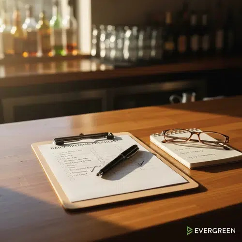 Bar opening checklist — clipboard with daily checklist on polished bar countertop
