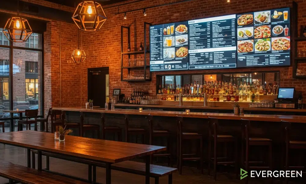 Successful bar digital menu board — display showing drinks and food on wall-mounted screen