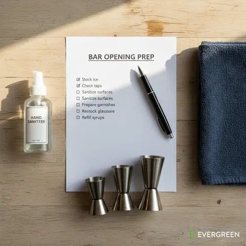 Bar opening checklist items — printed checklist, pen, sanitizer, bar towel and jiggers on wooden counter