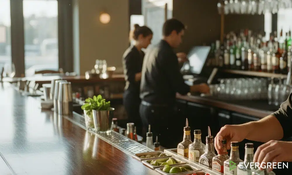 Daily bar opening checklist — hands organizing speed rail bottles and garnish containers before service