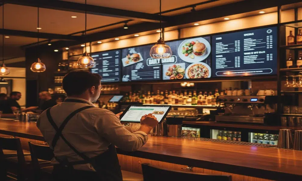 bar and restaurant software — operator updating digital menu board on tablet in modern bar