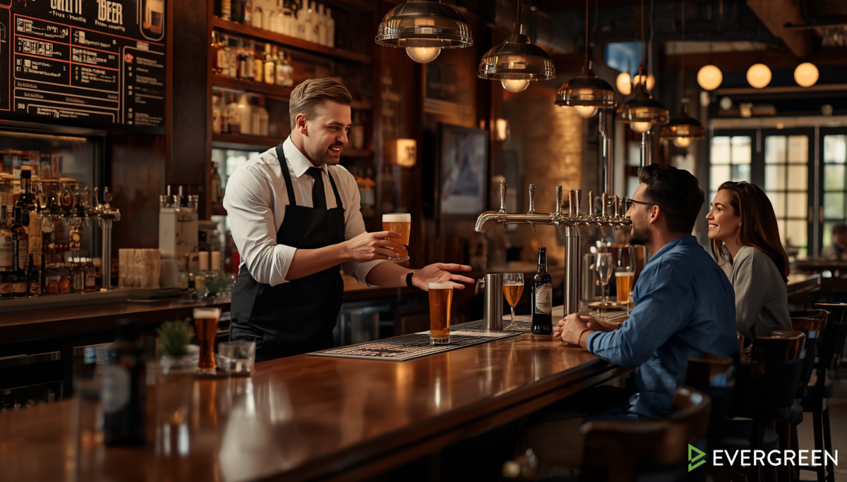 bartender confidently explaining craft beer options to customers