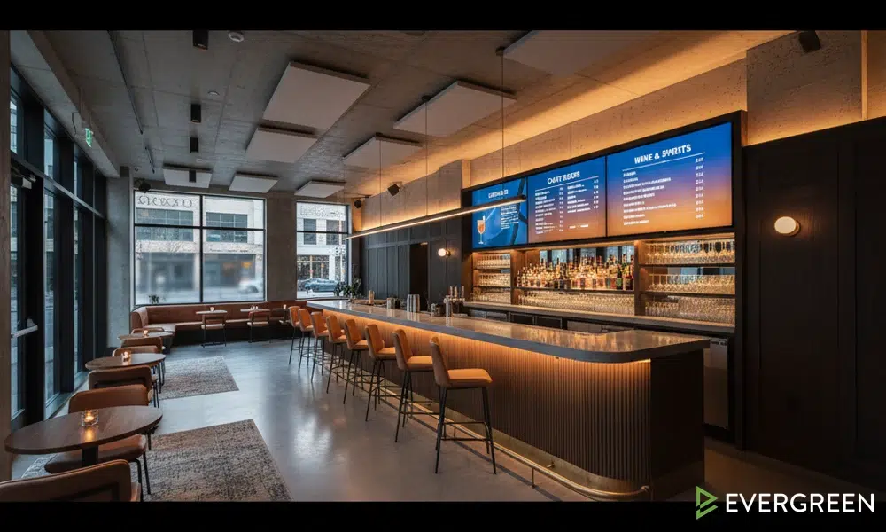 Bar opening checklist step — digital menu board display mounted on wall in clean organized bar