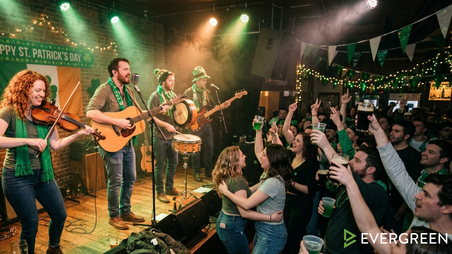 Live Celtic-inspired band performing in a crowded American pub during St. Patrick’s Day celebration, American audience cheering and dancing, musicians playing fiddle, guitar, and drums