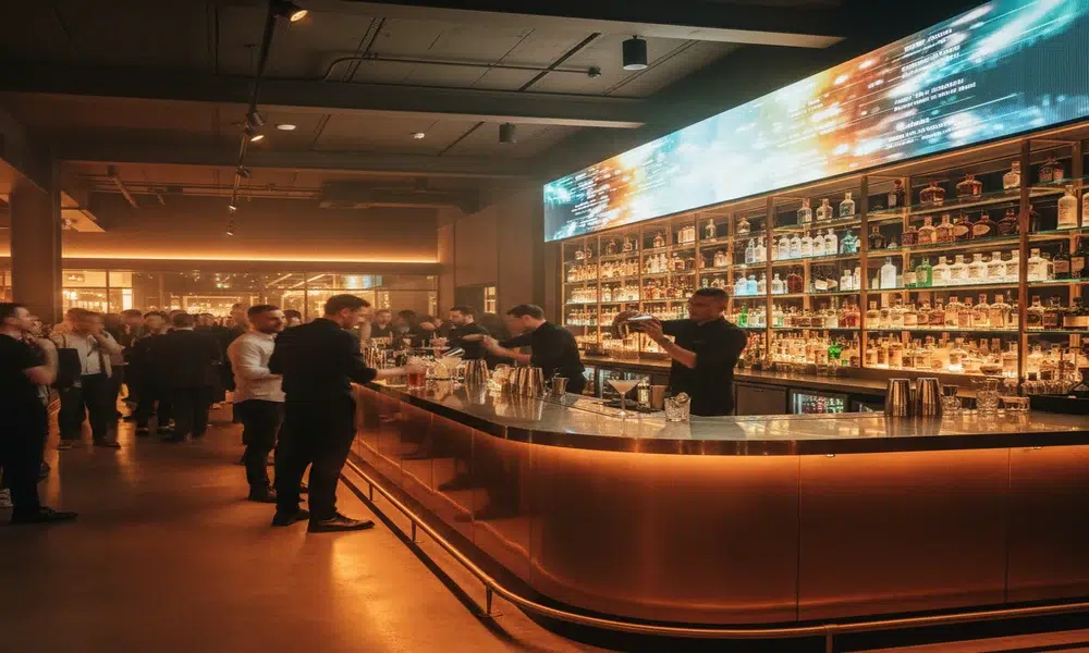 how to increase bar revenue — busy bar interior with digital menu board and patrons