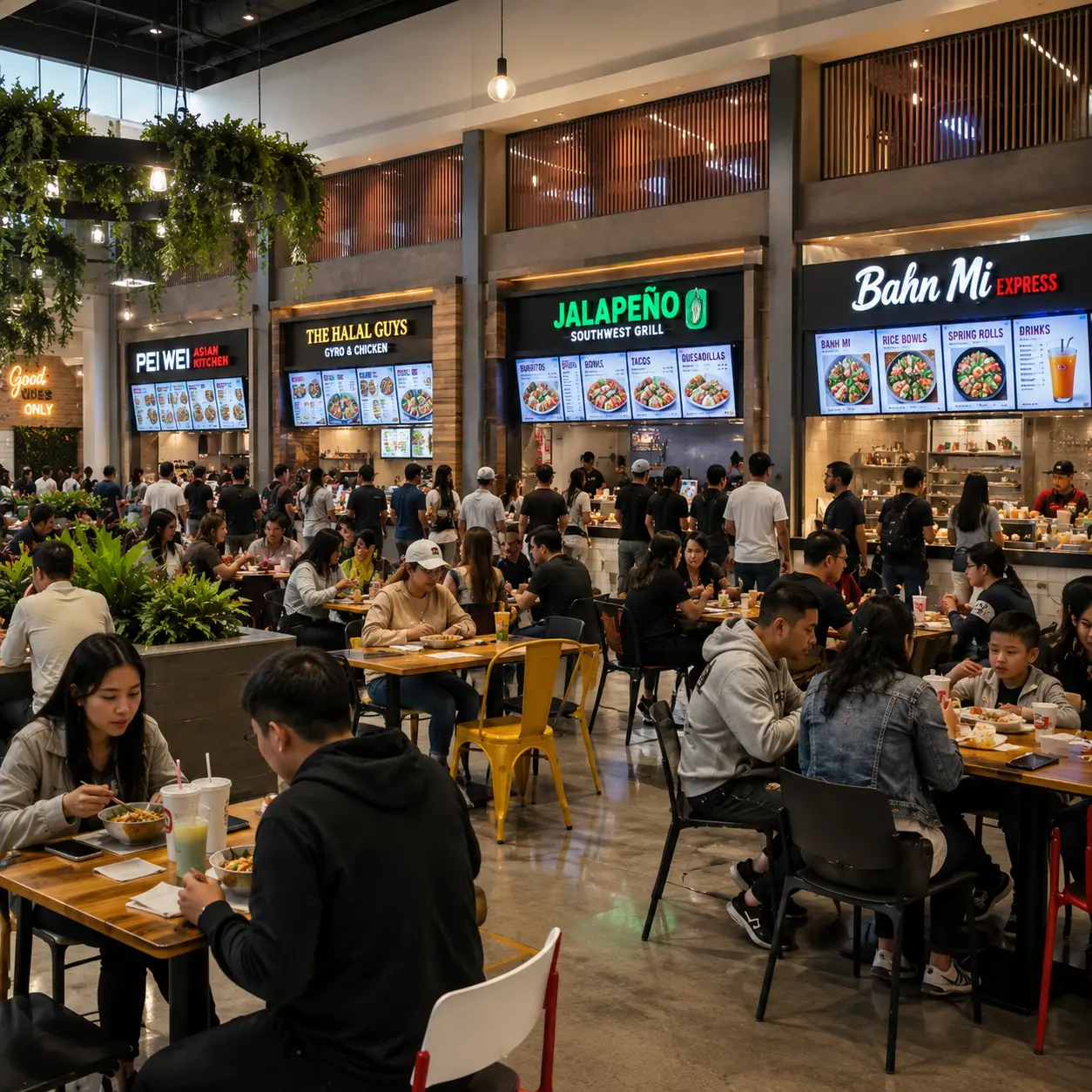 Food court vendor updating digital menu board on tablet in real time