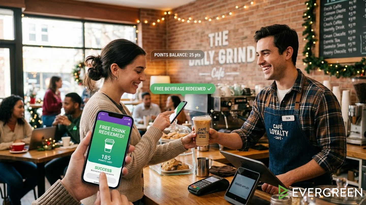 customer using a smartphone to redeem a free drink reward at a modern café counter