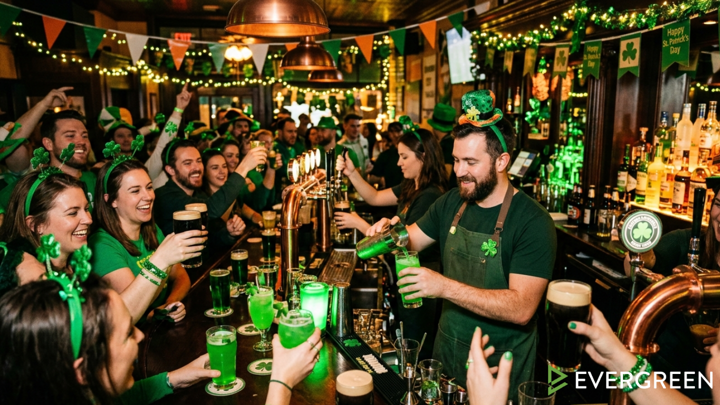 Festive American bar decorated for St. Patrick’s Day, American bartender serving bright green cocktails and Irish stout, patrons wearing green clothing and shamrock accessories