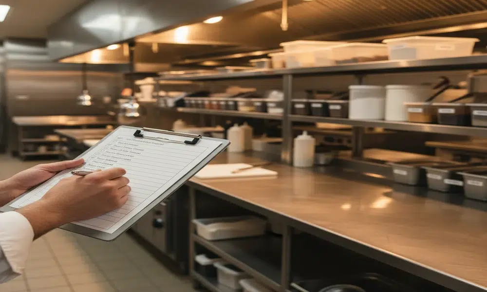 new restaurant opening checklist — manager reviewing checklist on clipboard in commercial kitchen during pre-opening prep
