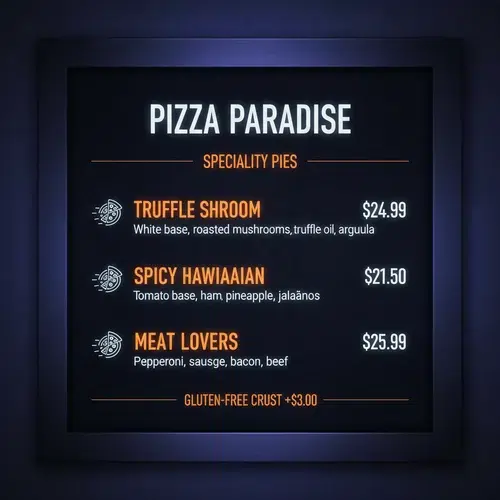 pizza digital menu boards — digital screen showing pizza menu with specialty pie names and prices