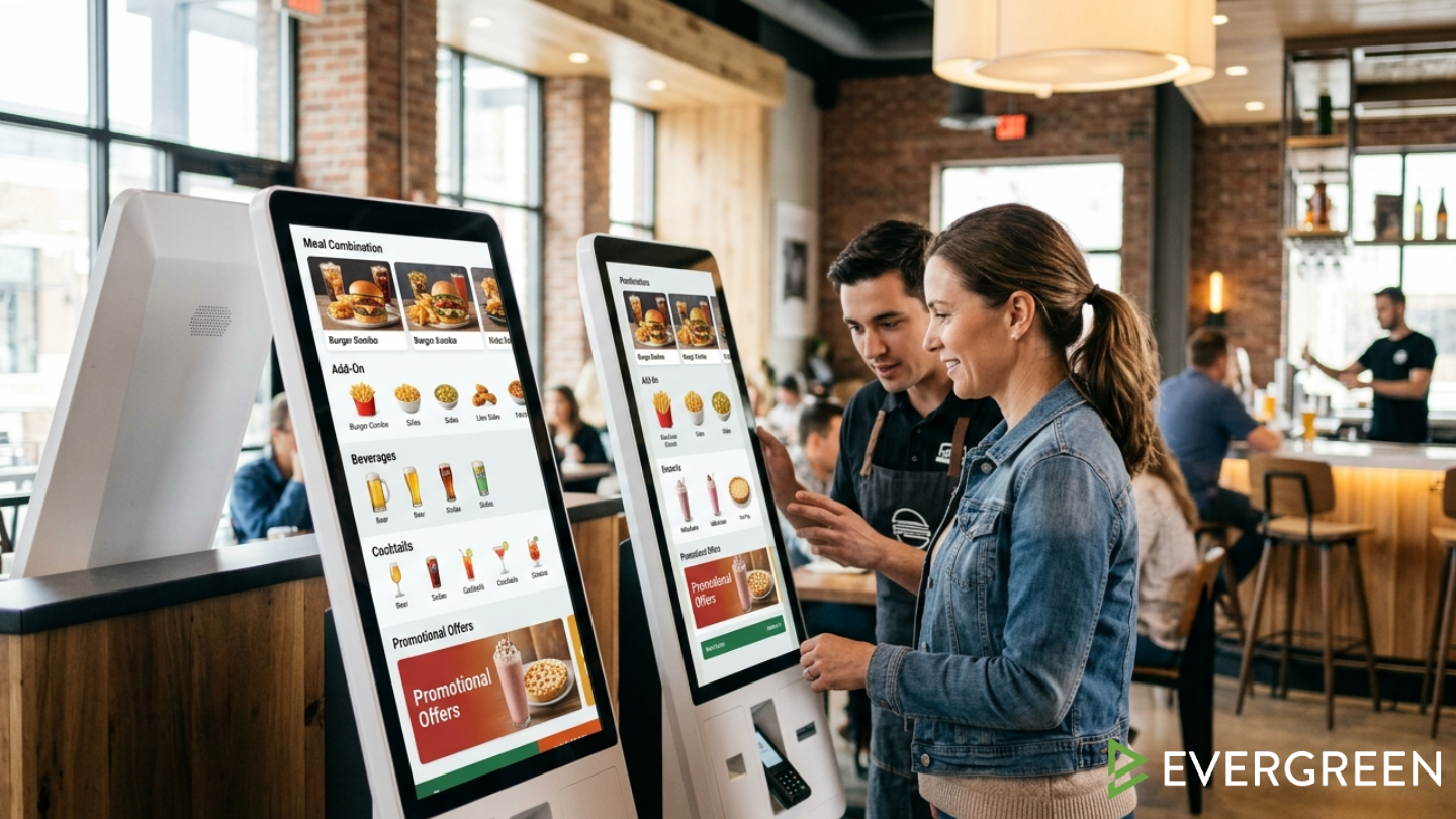 American customer placing an order at a modern bar restaurant POS kiosk, digital menu screen displaying meal combinations, add-on items, beverages, desserts, and promotional offers