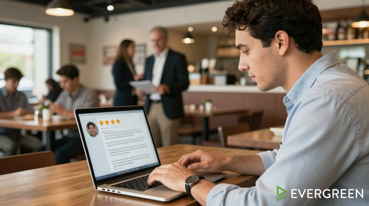 restaurant owner reviewing customer feedback on a laptop inside a modern restaurant