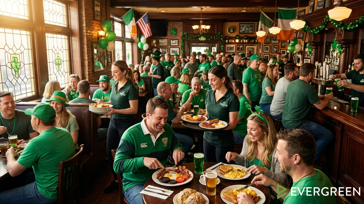 American Irish-style pub during a St. Patrick’s Day breakfast event