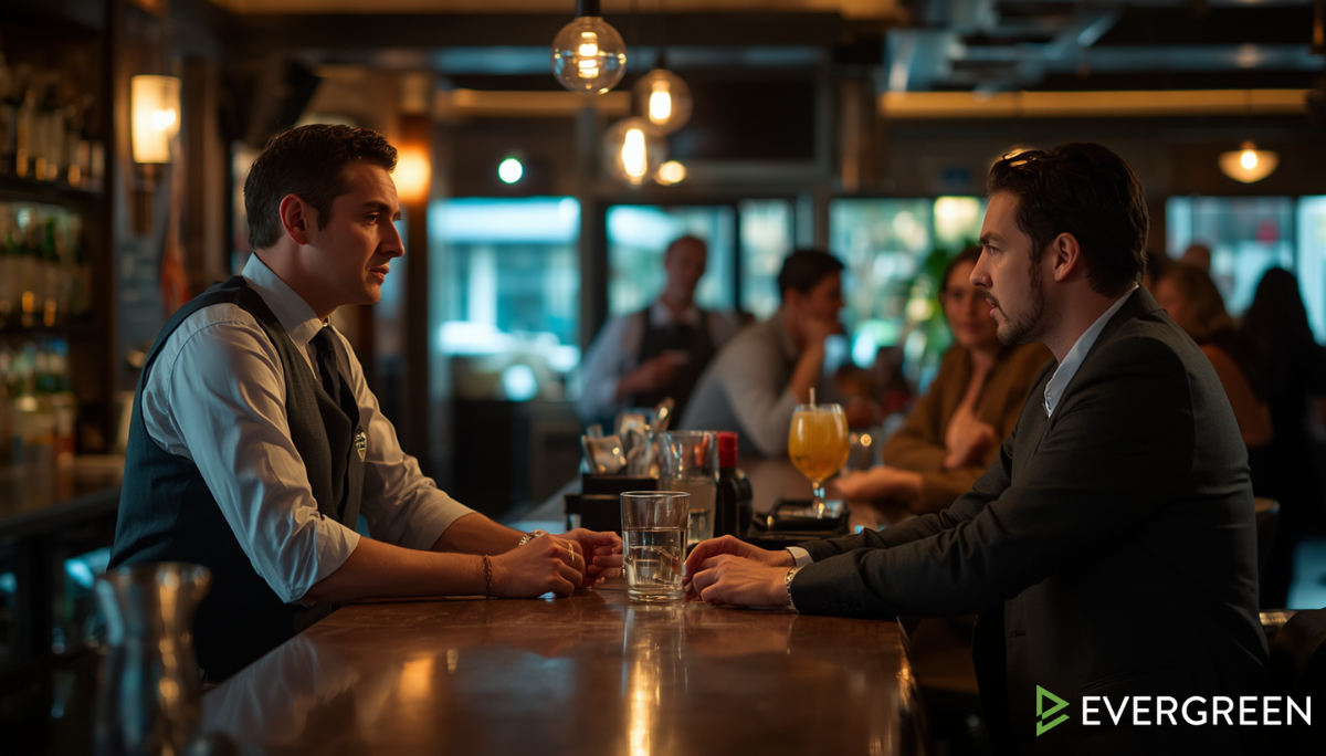 bartender calmly listens to an upset customer at the counter