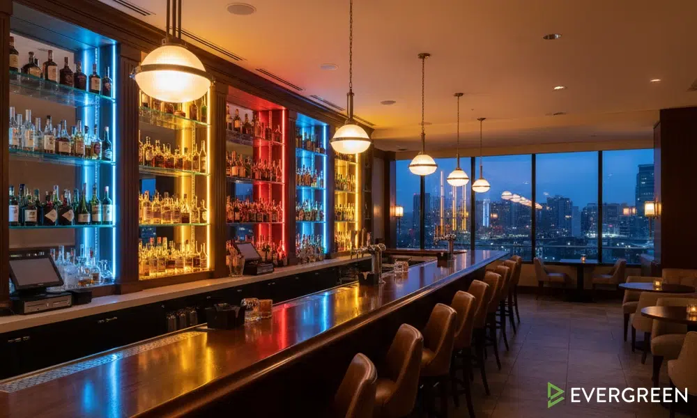 Secrets of successful bars — beautifully lit upscale bar interior with backlit bottle shelves