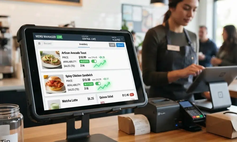 AI Digital Menu Boards Realtime Pricing Analytics AI digital menu boards — real-time pricing and analytics display at restaurant counter