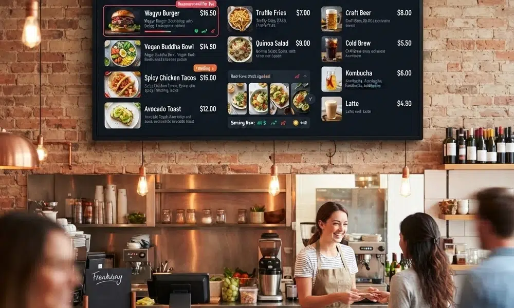 AI digital menu boards — restaurant screen displaying AI-organized menu items and pricing