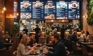 digital menu allergen compliance — restaurant dining area with digital menu board on the wall