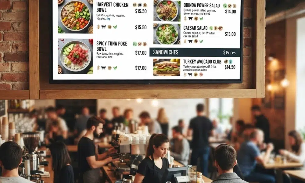 Digital Menu Allergen Icons Restaurant Screen digital menu allergen compliance — restaurant menu board displaying allergen icons next to menu items