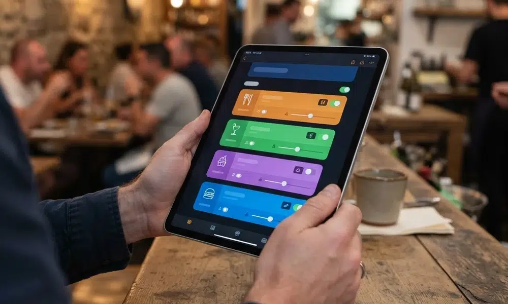 Digital Menu Allergen Tag Editing Tablet digital menu allergen compliance — staff member updating allergen tags on a restaurant menu tablet