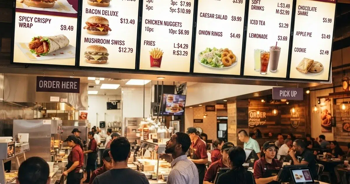 digital menu board app displaying multiple quick service restaurant screens