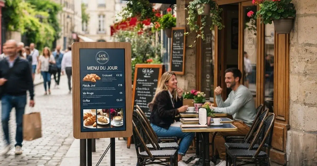 outdoor digital menu board sidewalk cafe screen display