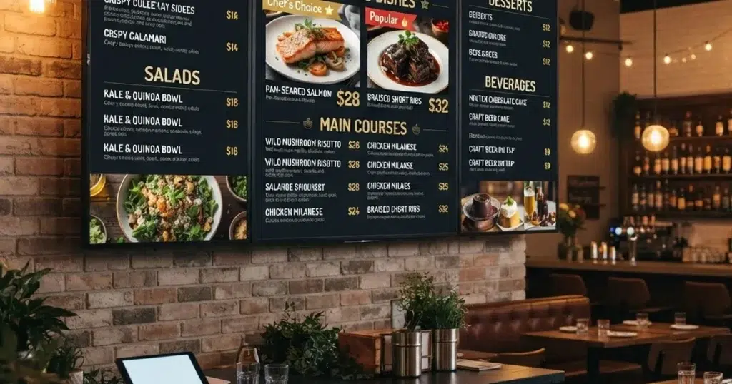 restaurant upselling techniques - digital menu board highlighting featured items with pricing