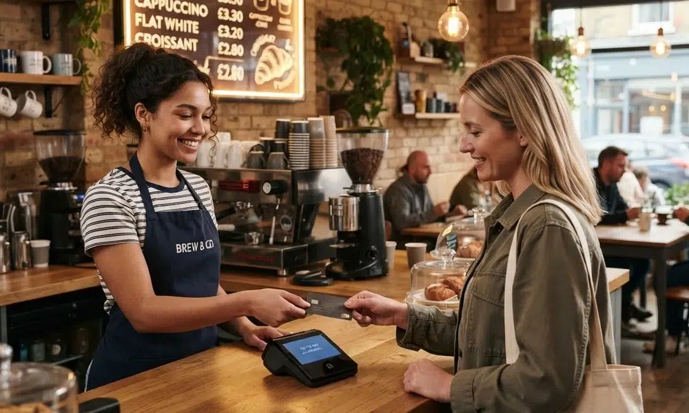 Square POS integration: barista tapping customer card on point of sale terminal