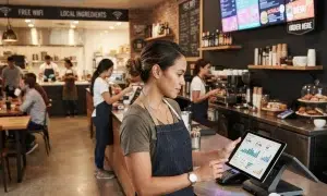 Square POS integration — owner reviewing sales analytics on tablet near digital menu board