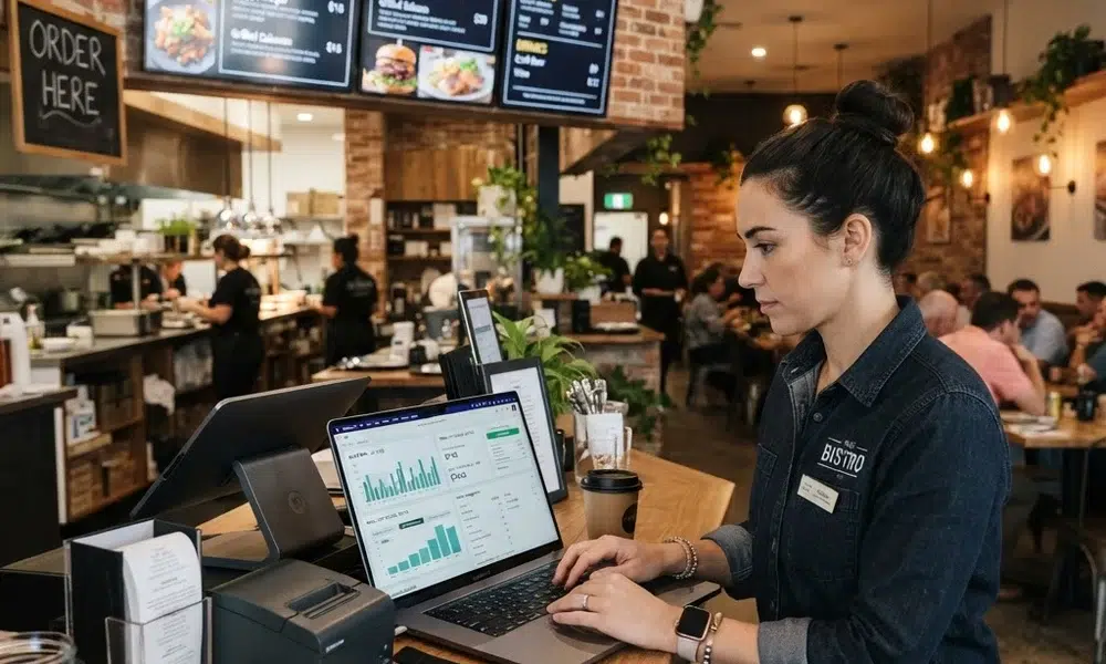 Toast POS integration: manager reviewing menu sync settings on laptop near digital menu board