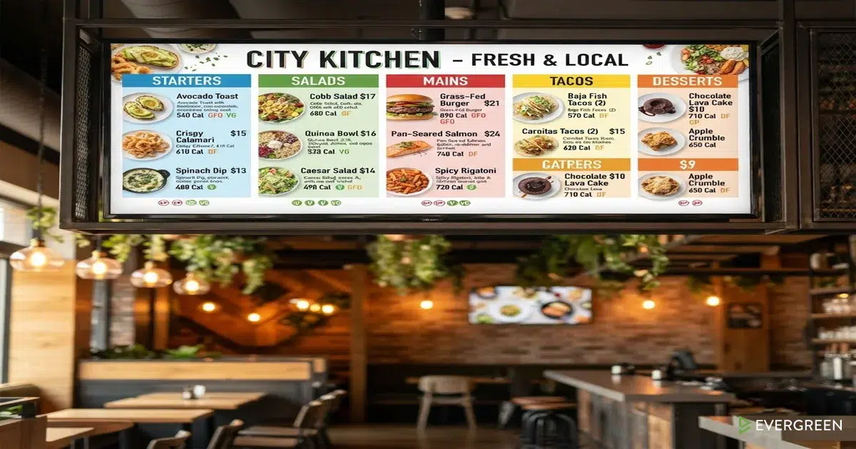 Digital menu board displaying clear food options for guests