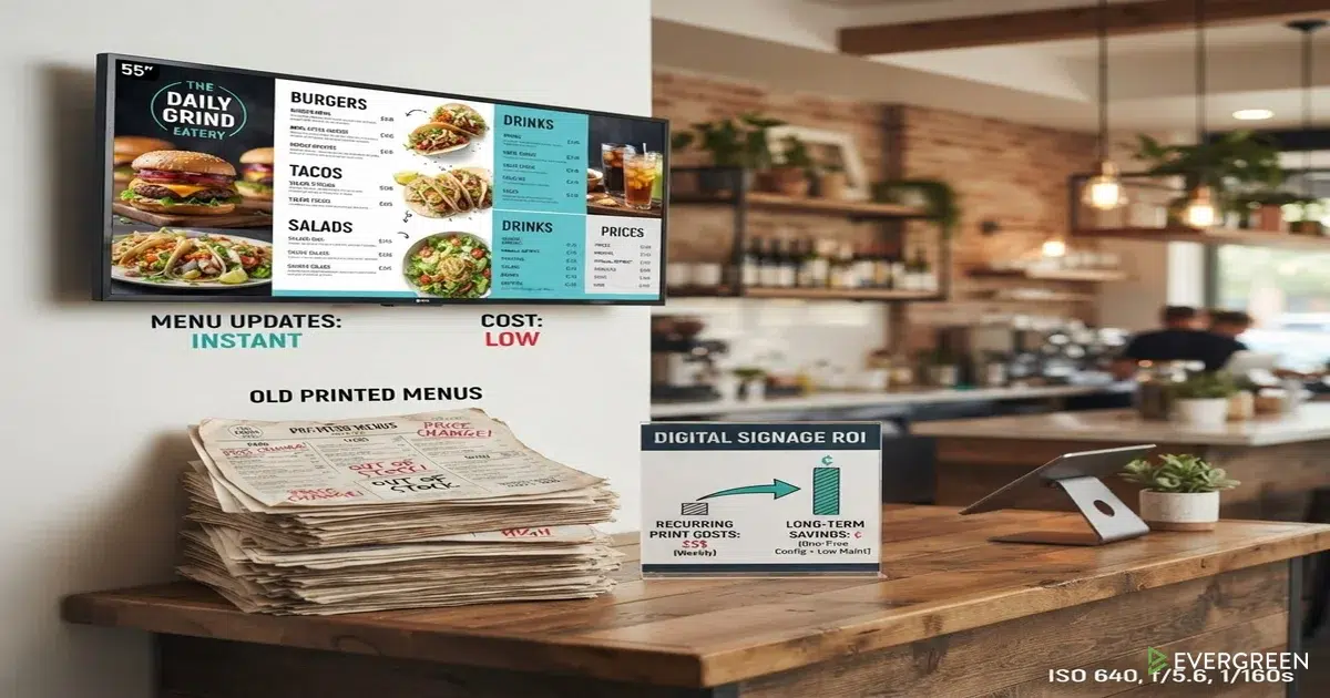 Digital menu board displaying restaurant specials and pricing