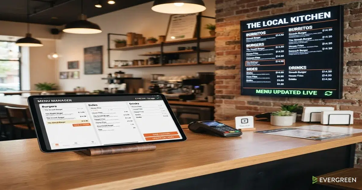 Digital menu board displaying real-time menu updates in a modern restaurant