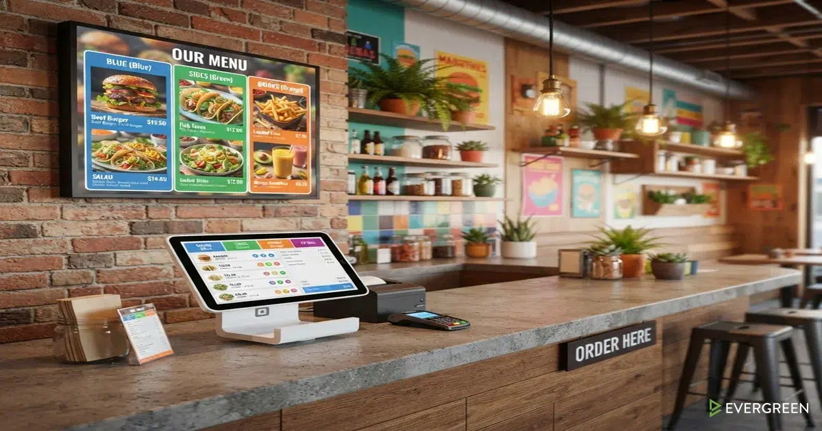 Digital menu display screen showing synchronized item prices