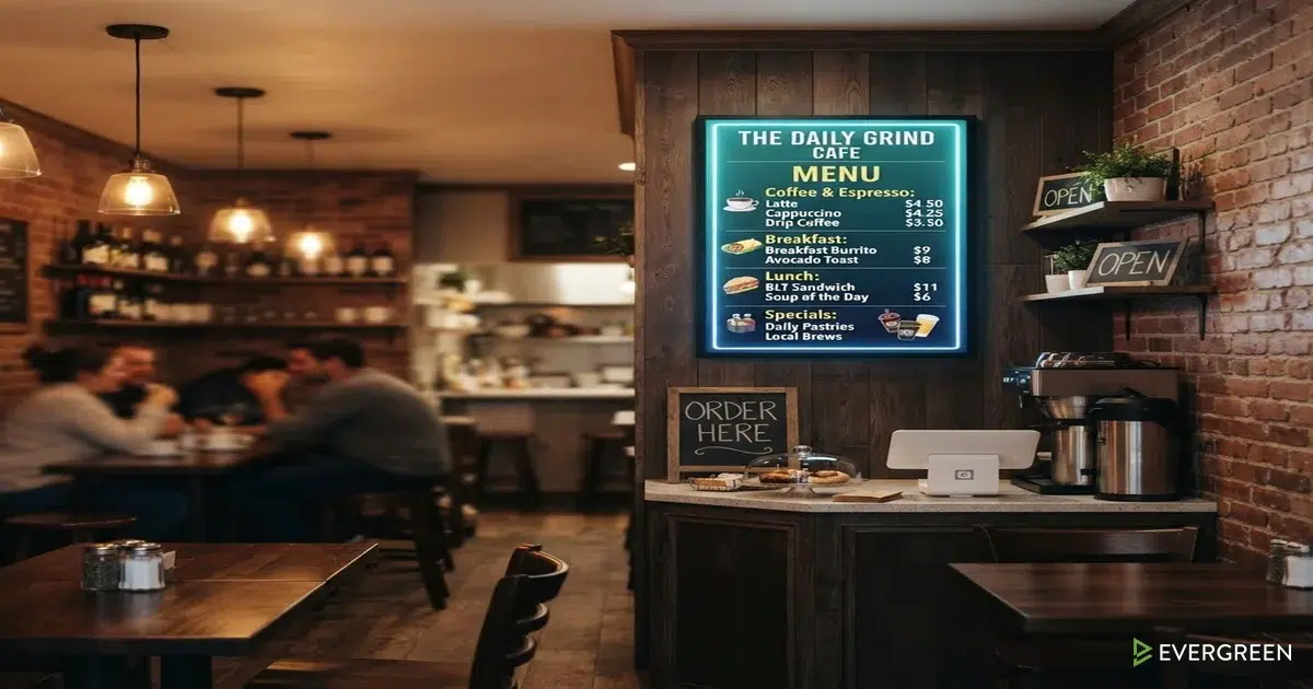 Small restaurant counter with digital signage menu display